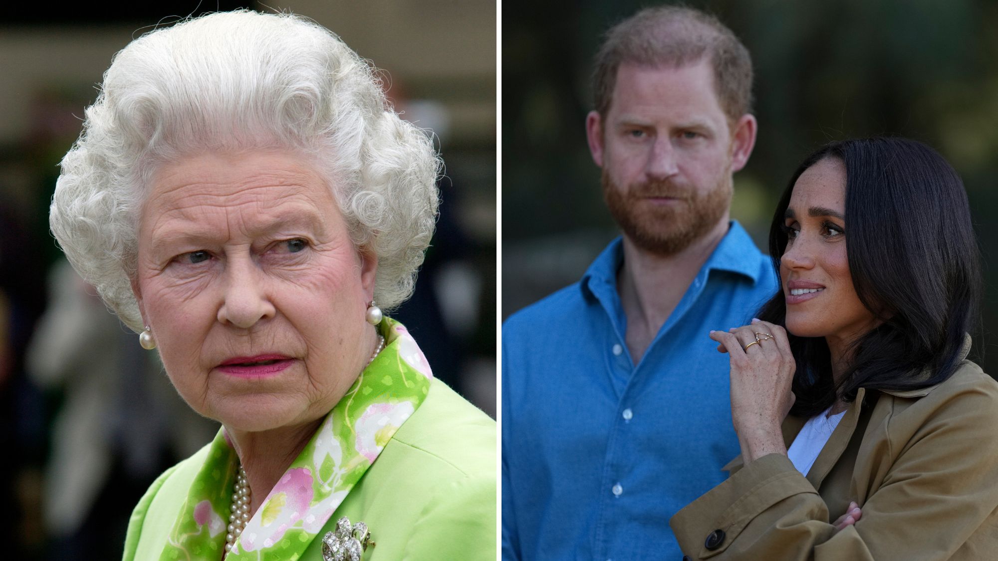 A composite of a picture of Queen Elizabeth in 2004 and a picture of Prince Harry and Meghan in Australia in 2026