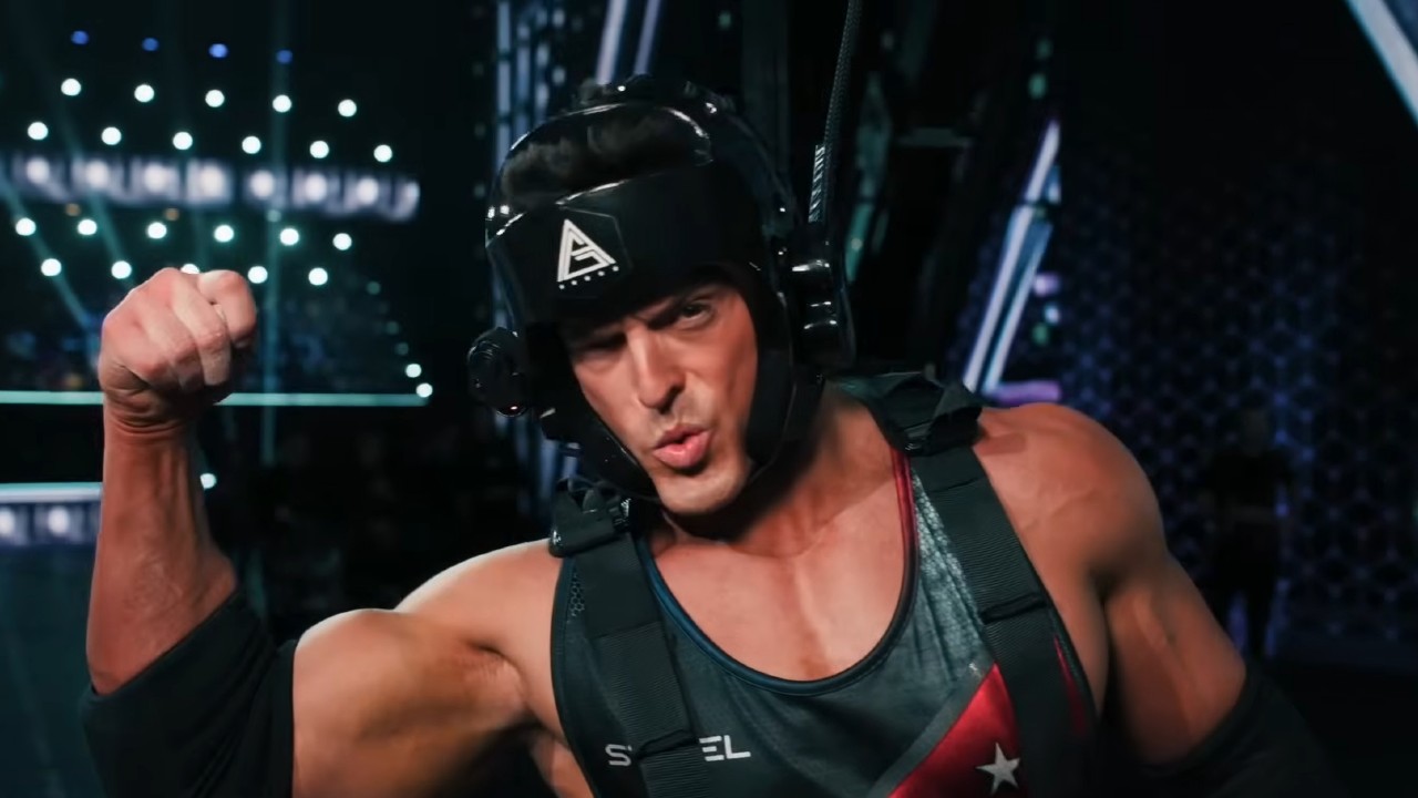 Jessie Godderz showing off muscles in American Gladiators.