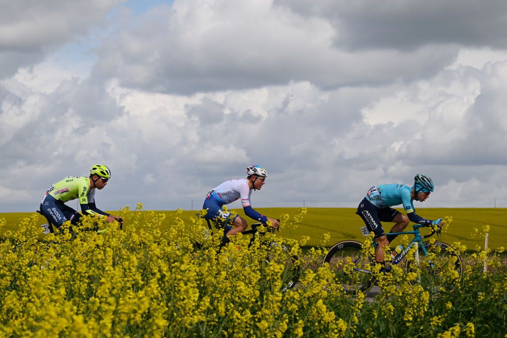 HUY BELGIUM APRIL 17 LR Lilian Calmejane of France and Team Intermarche Want Alan Jousseaume of France and Team TotalEnergies and Igor Chzhan of Kazakhstan and Astana Qazaqstan Team compete in the breakaway during the 88th La Fleche Wallonne 2024 Mens Elite a 1986km one day race from Charleroi to Huy UCIWT on April 17 2024 in Huy Belgium Photo by Dario BelingheriGetty Images