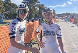 Raylyn Nuss (left) congratulates Steve Tilford Foundation Racing teammate Katie Clouse at finish on day one of RRFCX, Clouse going second and Nuss fifth