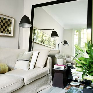 small living room with sofa and mirrors