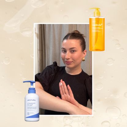 korean body care bottles on either side of a woman in a slick back bun wearing a black short sleeve top applying lotion to her arm
