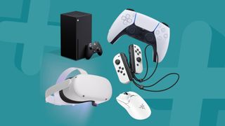 game controllers and consoles on a blue background