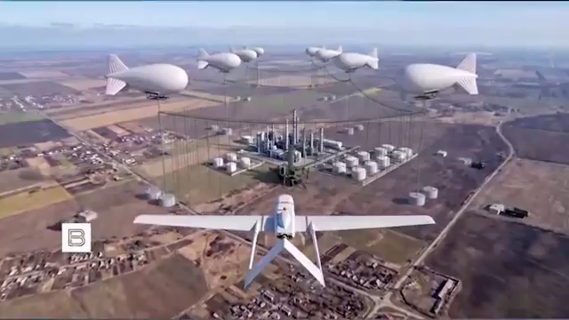 Drone approaching barrage balloons