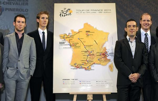 The map of the 2011 Tour de France flanked by the race's stars.