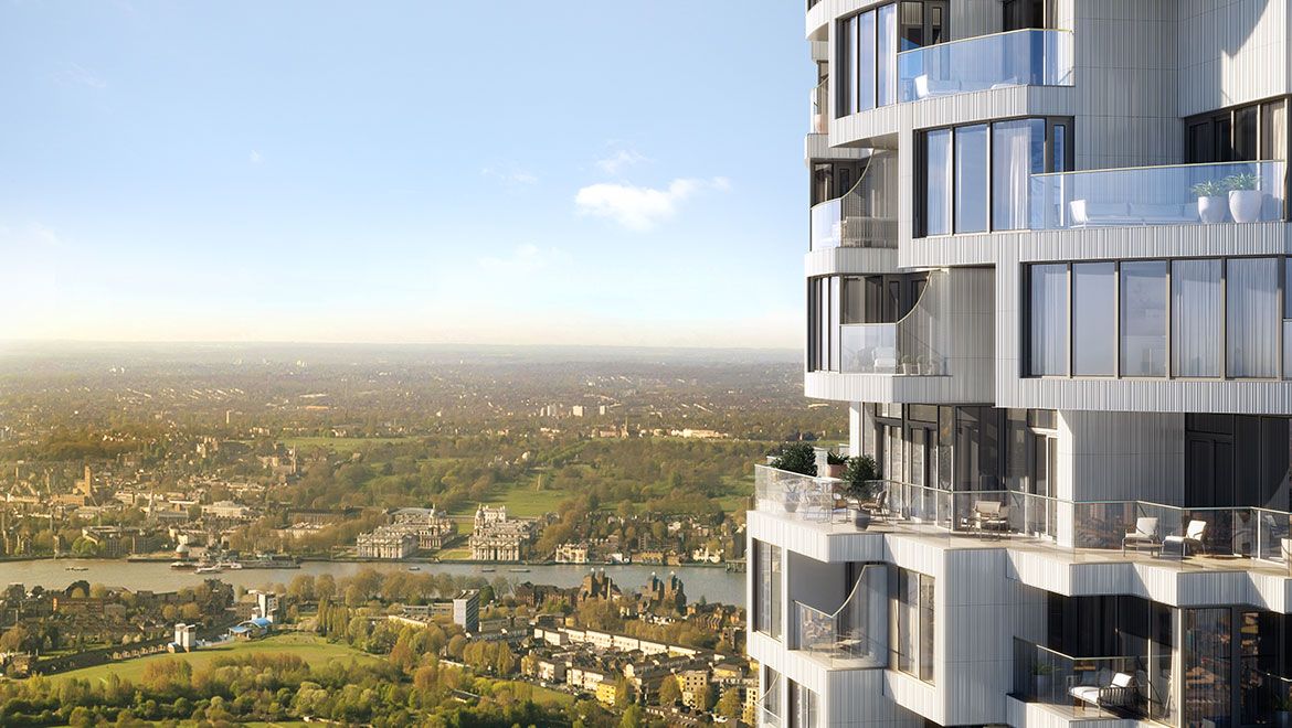 One Park Drive photographed from outside with a view over the river.