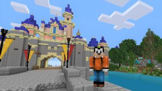 The Disney character goofy standing in front of a Sleeping Beauty's Castle in Minecraft