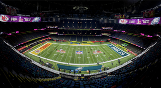 NEW ORLEANS, LA - FEBRUARY 08: Wide angle nighttime view of the Caesars Superdome is ready for Super Bowl LIX on February 8, 2025 at the Caesars Superdome in New Orleans, LA.