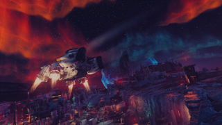  Shattered Space showing a spaceship flying above a cargo depot with outer space visible along with blue and red aroura lights