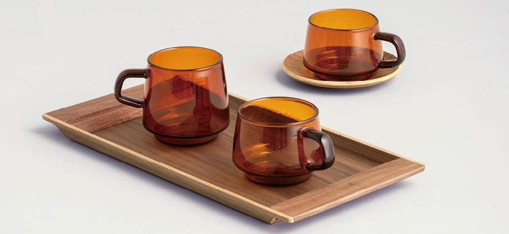 Three glass Kinto Sepia Amber mugs
