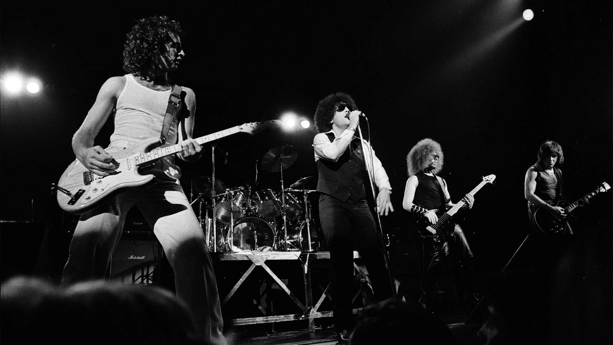 L-R Scott Kempner, Handsome Dick Manitoba, Andy Shernoff and Ross Friedman of The Dictators perform live at The Winterland Ballroom 1977 in San Francisco, California