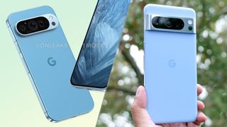 Rendered image of alleged Pixel 9 Pro with photo of Pixel 8 Pro in hand.