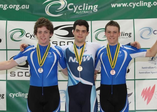 The podium for the under 19 men's sprint: Jaron Gardiner (silver), Timothy McMillan (gold), and Luke Parker (bronze).