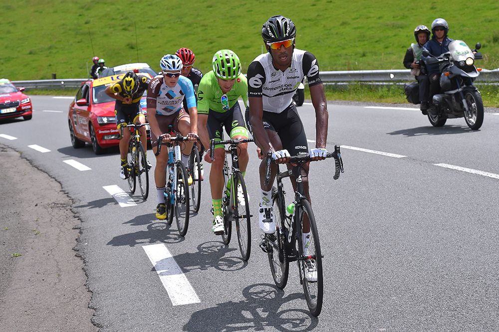 Daniel Teklehaimanot in the breakaway on stage 2 of the Criterium du Dauphine