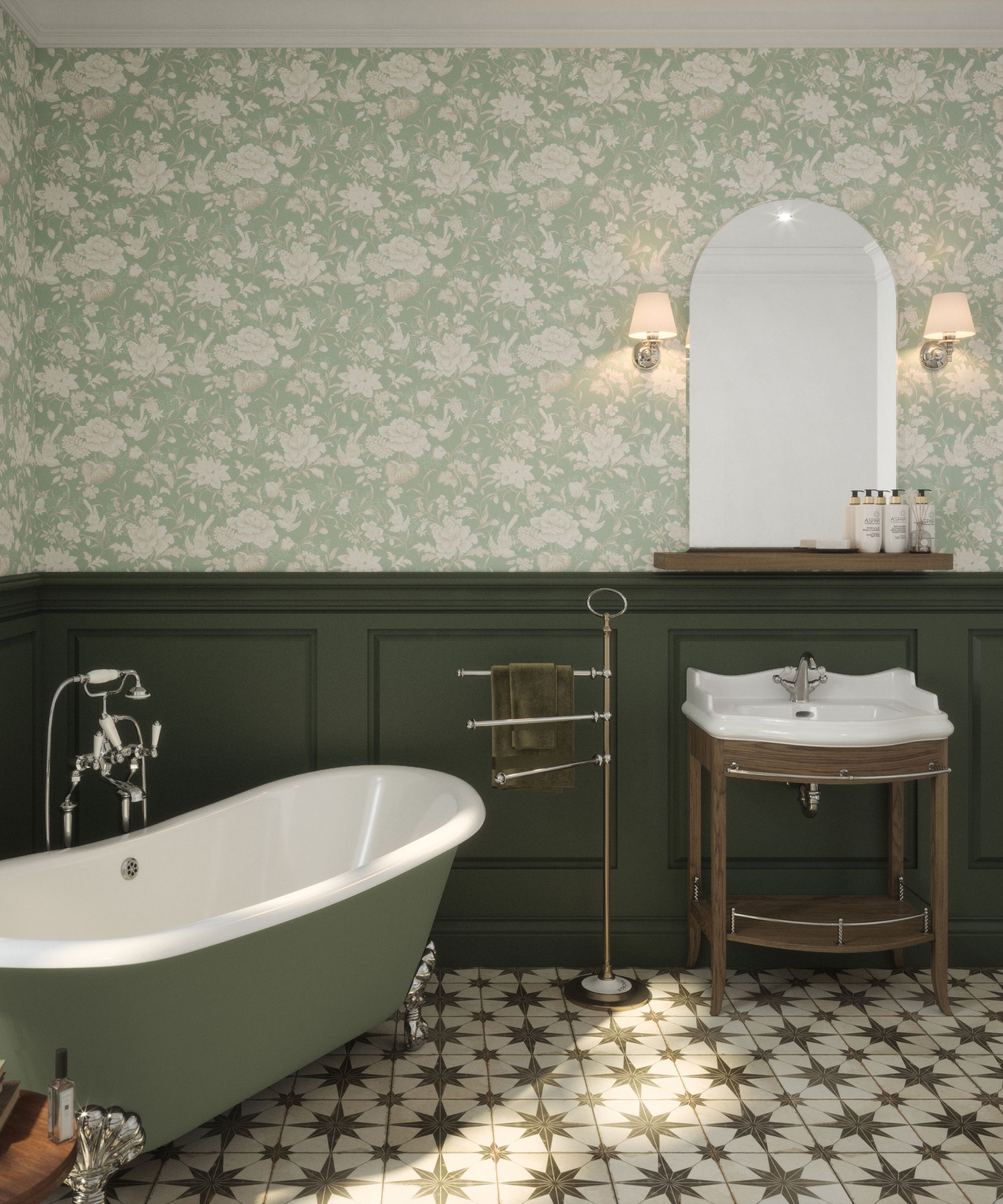 Green bathroom with Victorian sink and freestanding claw foot tub