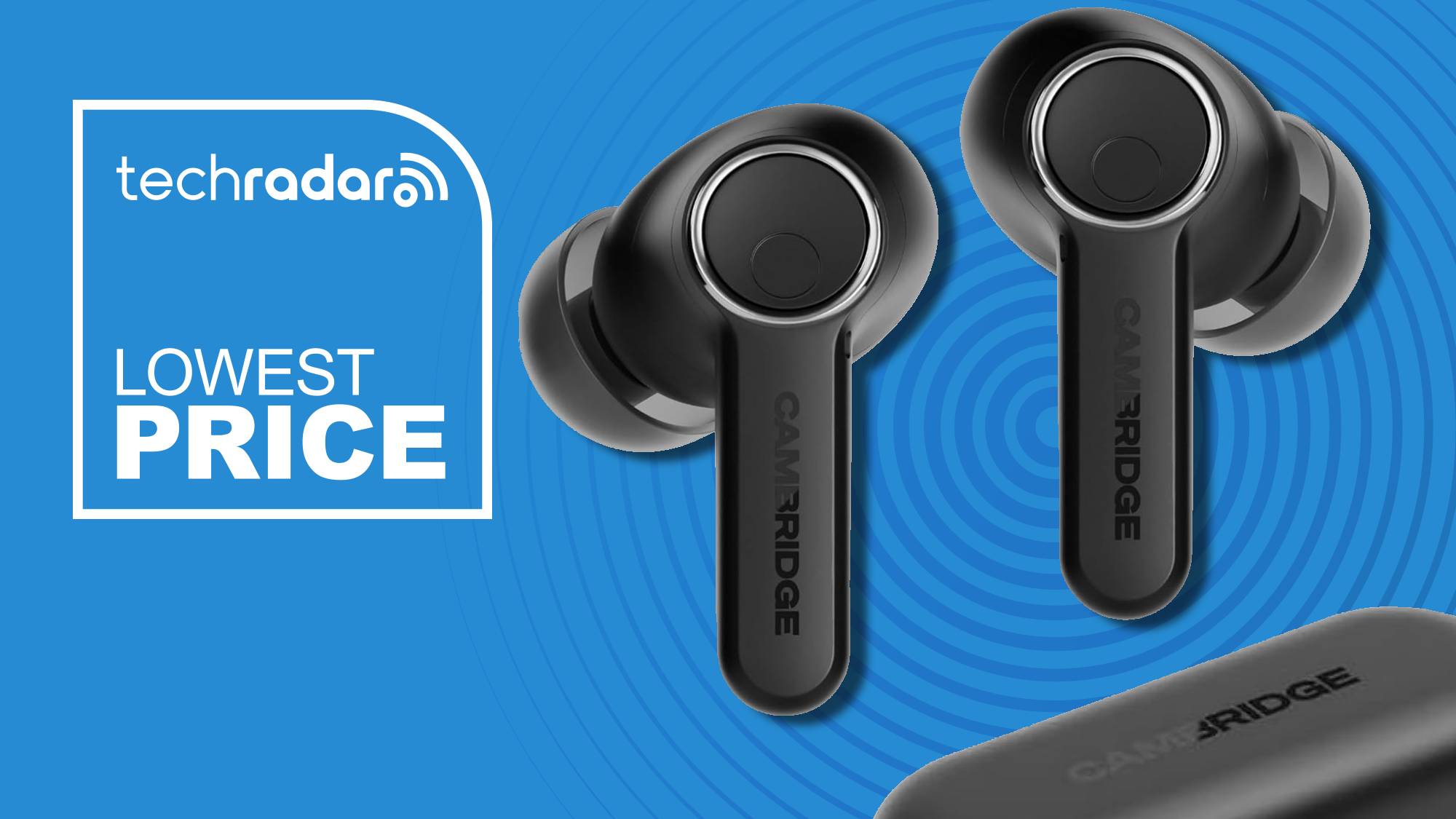 Cambridge Audio's Melomania A100 on blue background, with TR's 'Lowest price' badge