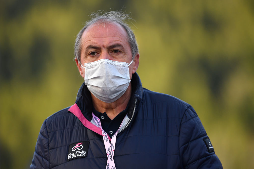 LAGHI DI CANCANO ITALY OCTOBER 22 Arrival Mauro Vegni of Italy Giro dItalia Director Mask Covid safety measures during the 103rd Giro dItalia 2020 Stage 18 a 207km stage from Pinzolo to Laghi di Cancano Parco Nazionale dello Stelvio 1945m girodiitalia Giro on October 22 2020 in Laghi di Cancano Italy Photo by Stuart FranklinGetty Images