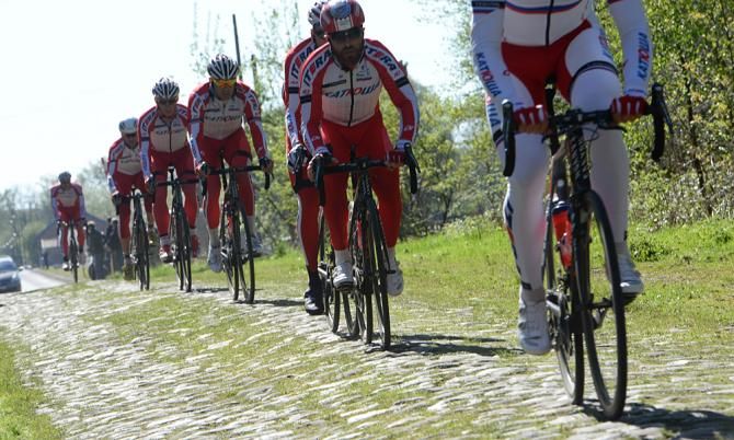 Katusha's Luca Paolini rides on the crest of the Arenberg cobbles