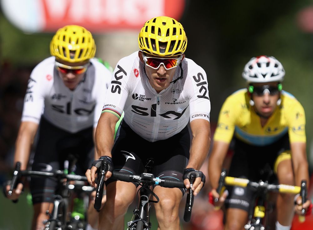 Michal Kwiatkowski rides ahead of Chris Froome and Fabio Aru during stage 13 at the Tour de France