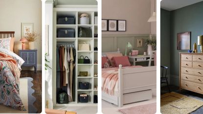 Compilation image of four bedrooms with storage to support expert advice on small bedroom storage mistakes to avoid