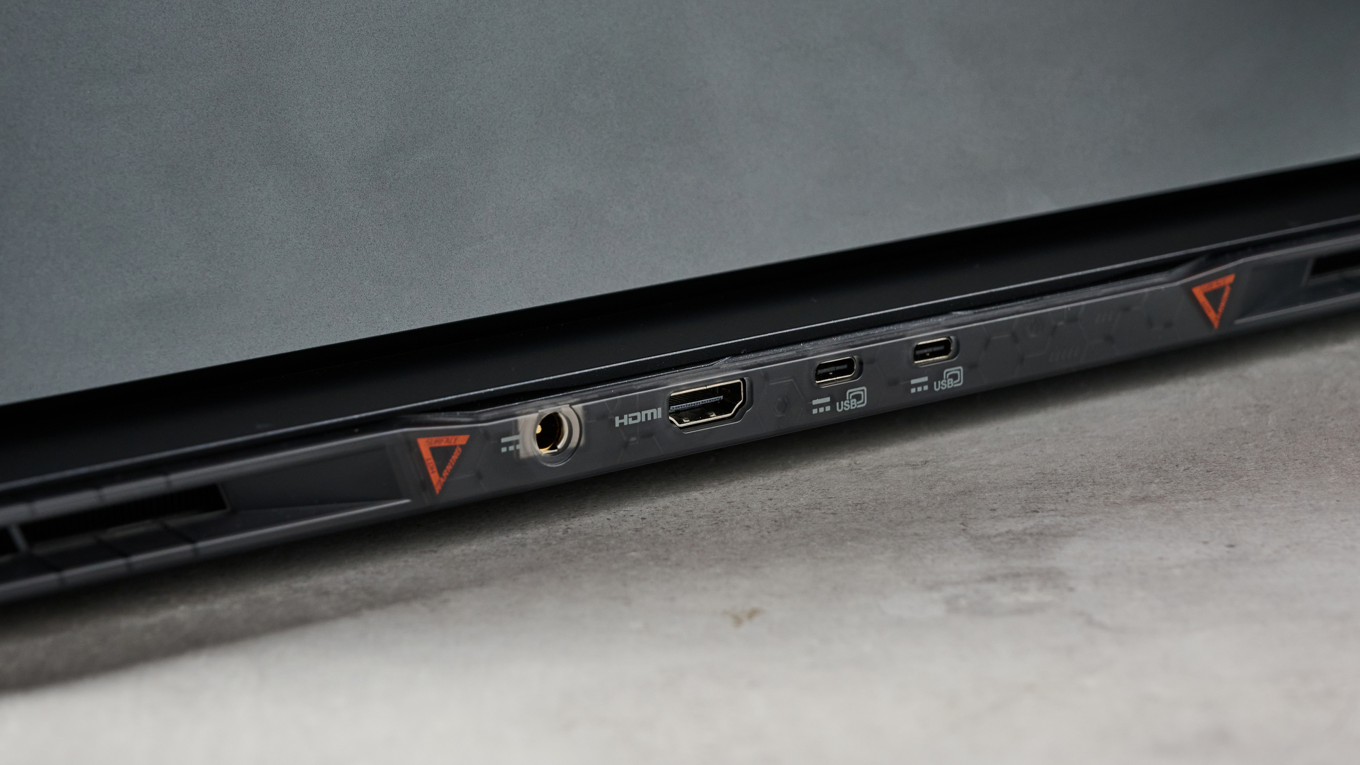 Close-up of rear ports on Acer Nitro 18 AI on a grey desk
