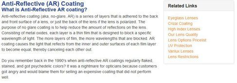 You can add a variety of lens coatings to the glasses you buy from Eyeglasses.com.