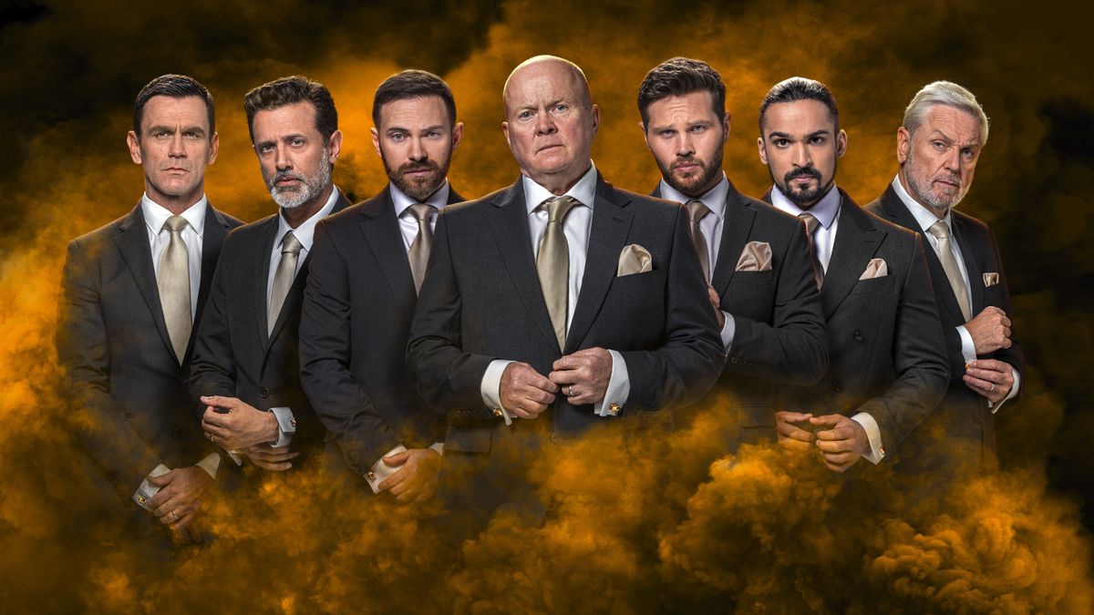 (L-R) Jack Branning, Nish Panesar all wearing suits surrounded by yellow smoke., Dean Wicks, Phil Mitchell, Keanu Taylor, Ravi Gulati, Rocky Cotton surrounded by yellow smoke.