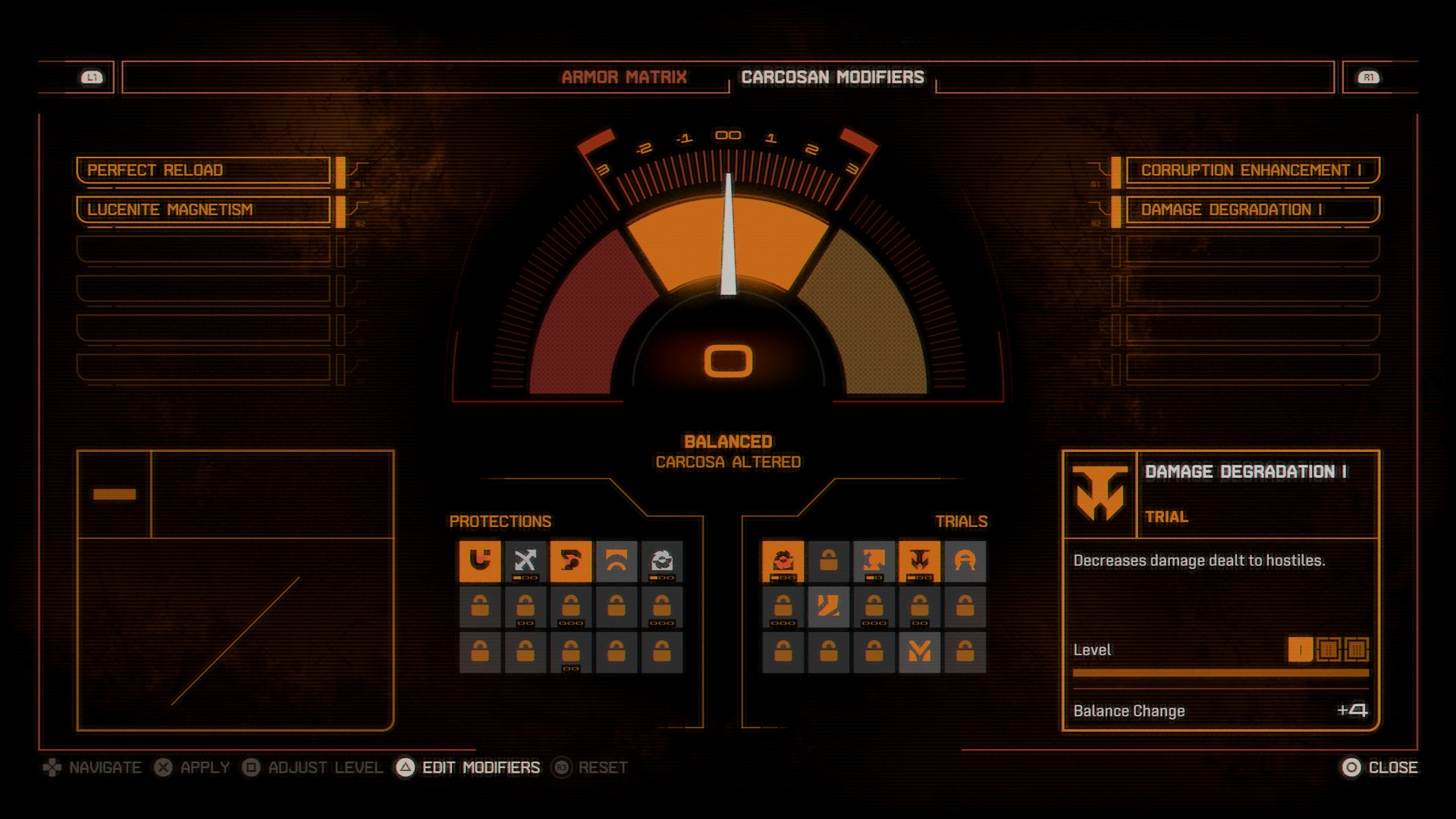 The Carcosan Modifiers screen in Saros, showing a range of options beneath a semi-circular dial