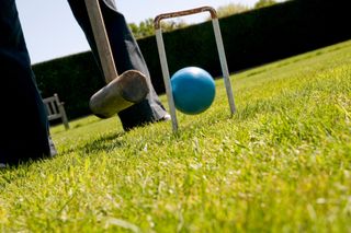 playing croquet on garden lawn, norfolk, england