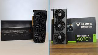 An AMD RX 7900 XT and Nvidia RTX 4070 Ti side by side