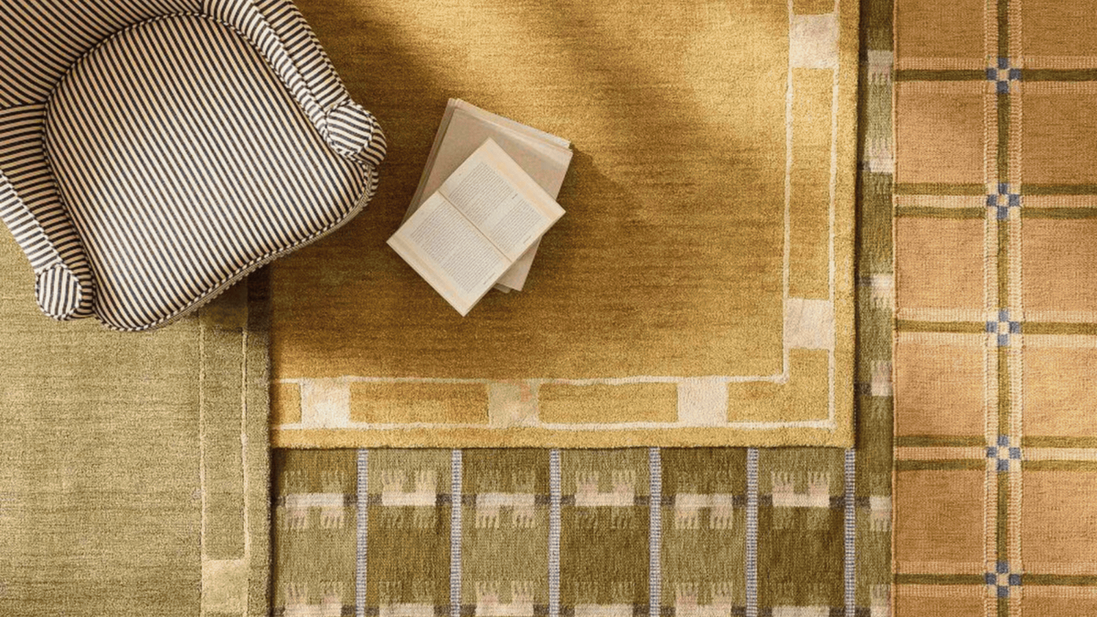 Rotating GIF of four images showing different rugs from West Elm.