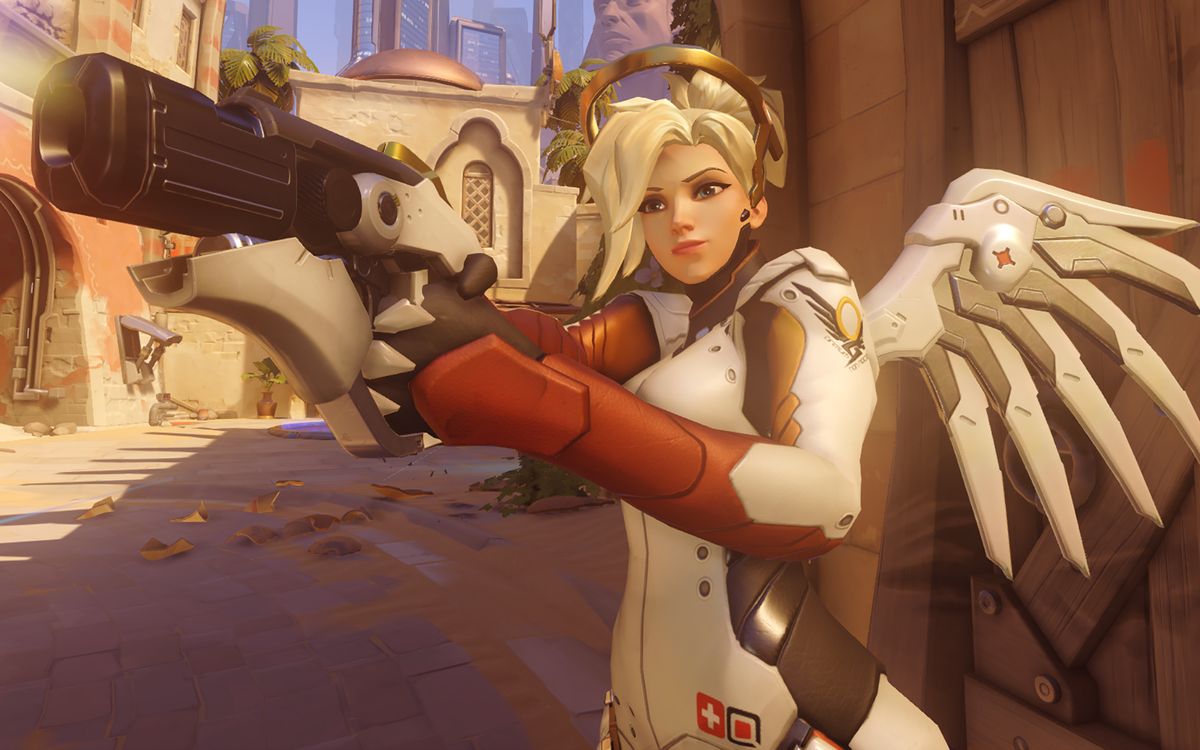 Mercy aiming her pistol