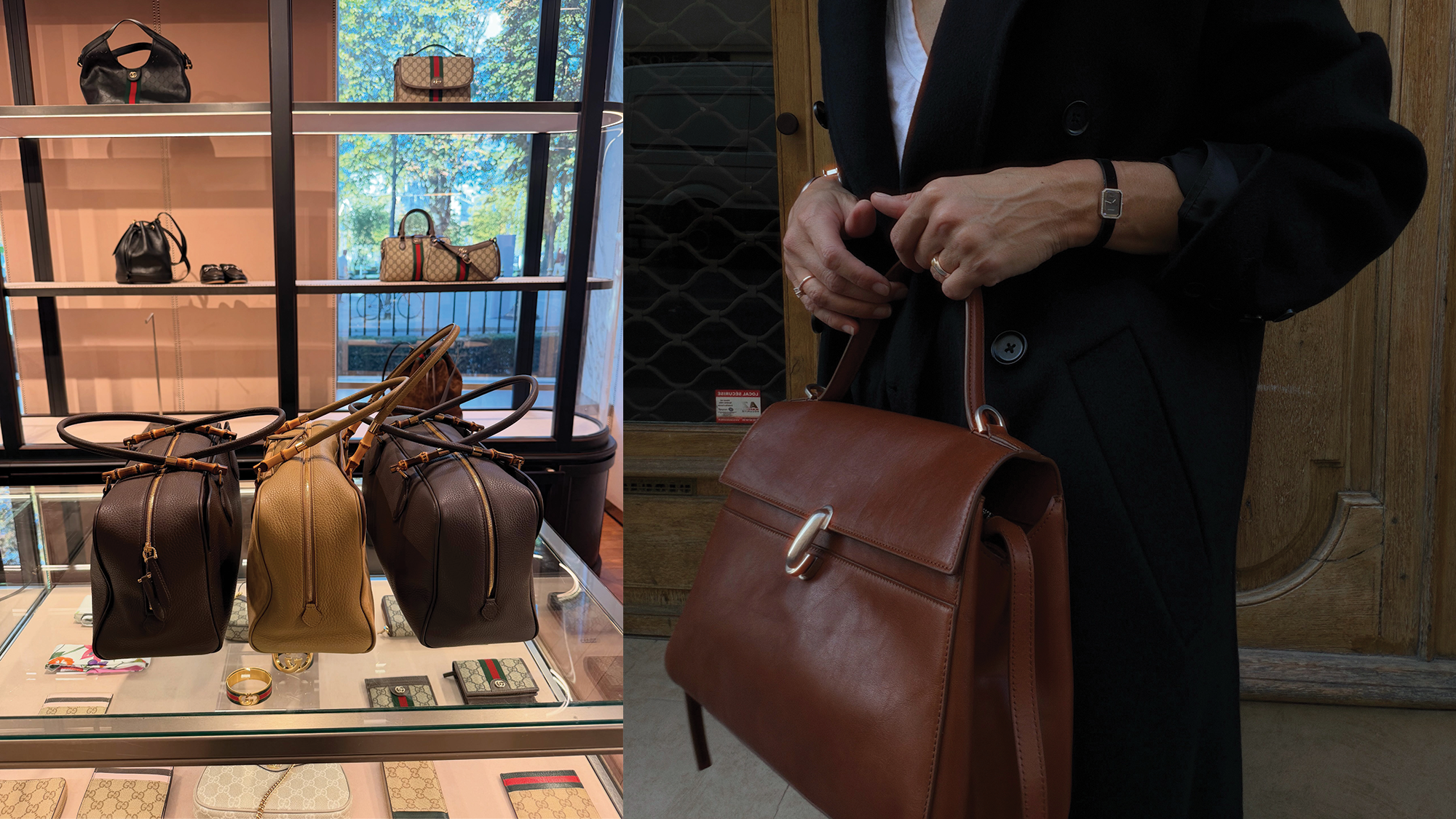 Collage of the new Gucci Boston Bag and Savette's soft bag.