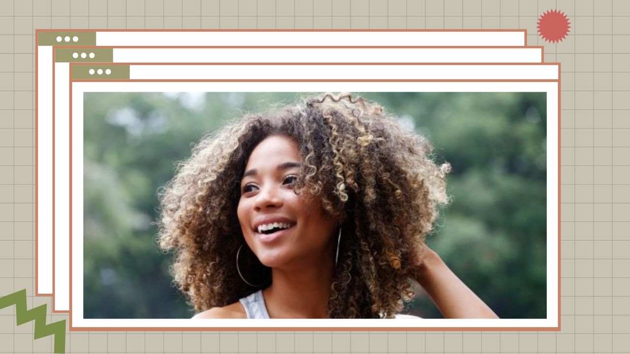 image of young woman with curly hair on a khaki backround