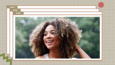 image of young woman with curly hair on a khaki backround