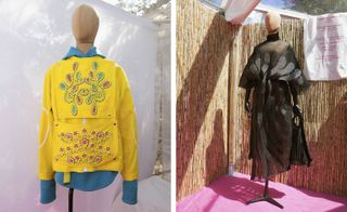 Left, a vibrant embroidered jacket and accompanying hooded jumper by Wataru Tominaga. Right, one of Vanessa Schindler's magnificent dresses from her award-winning 'Urethane Pool, Chapter Two' collection