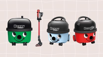 Four of the best Henry vacuum cleaners on a beige grid background
