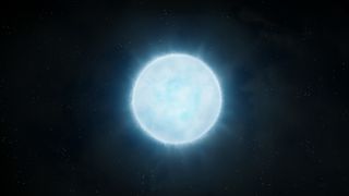 A ball of blue and white light representing a white dwarf star in the darkness of space.