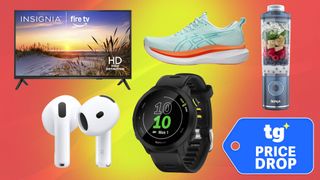 Compilation showing Fire TV, AirPods, Garmin smartwatch, Asics running shoes, Ninja blender