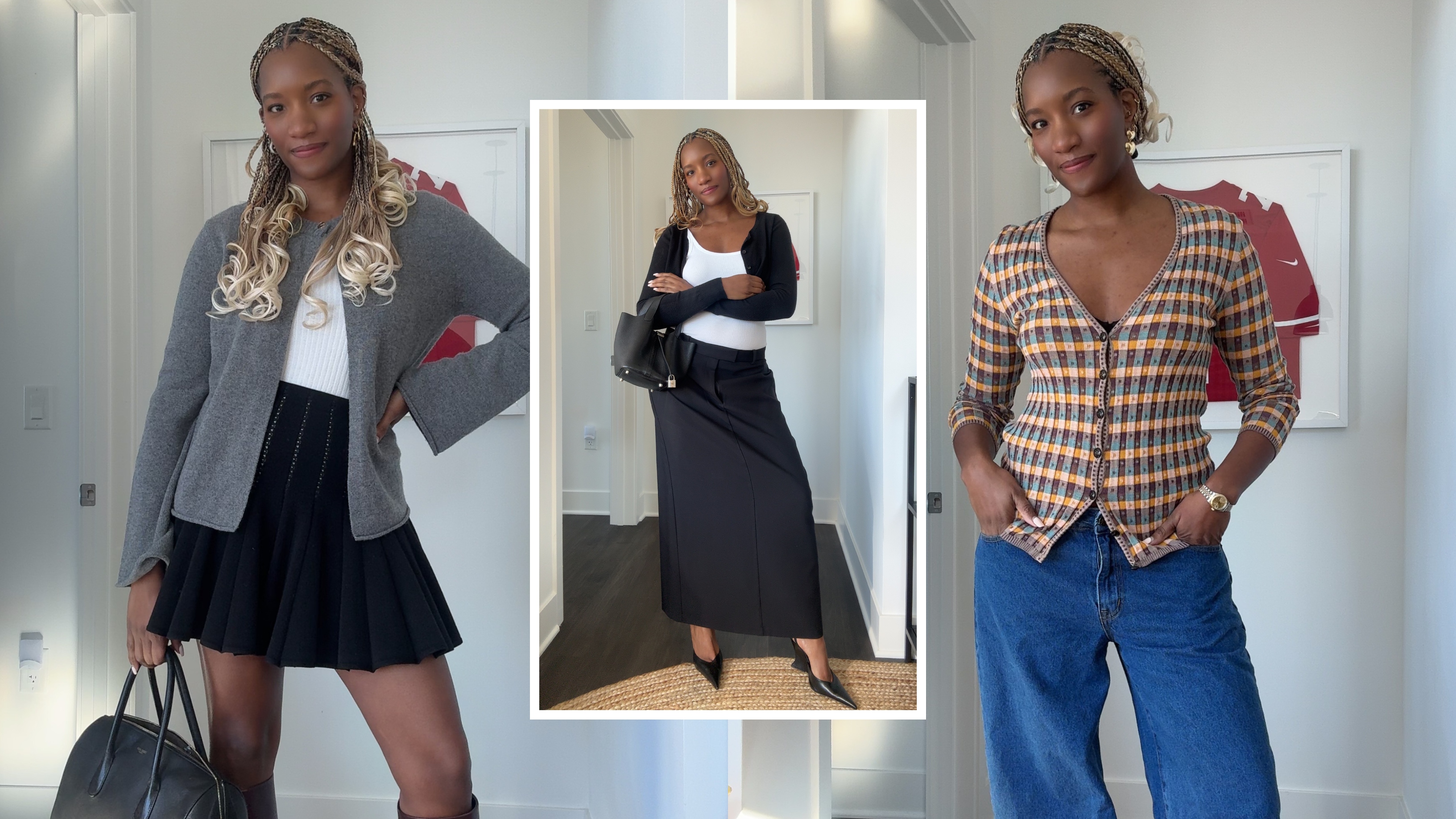 collage of Danielle Prescod wearing winter 2026 cardigan trend