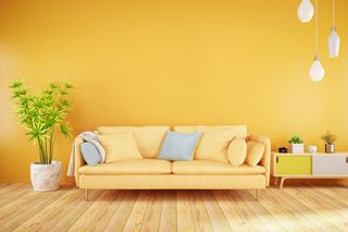 A yellow room with a yellow sofa and blue cushions, next to a tall plant and a side table.