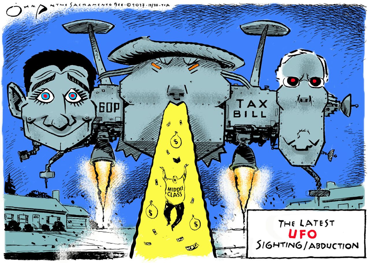 Political cartoon U.S. Tax reform Trump Ryan McConnell UFO research