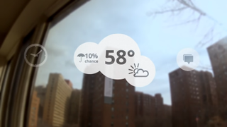 Screenshot from Google "One Day" concept video for Glass showing weather overlaid on a headset