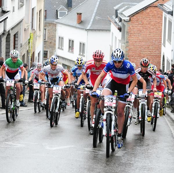 Cecile Ravanel (LaPierre International) leads the peloton up the pave.