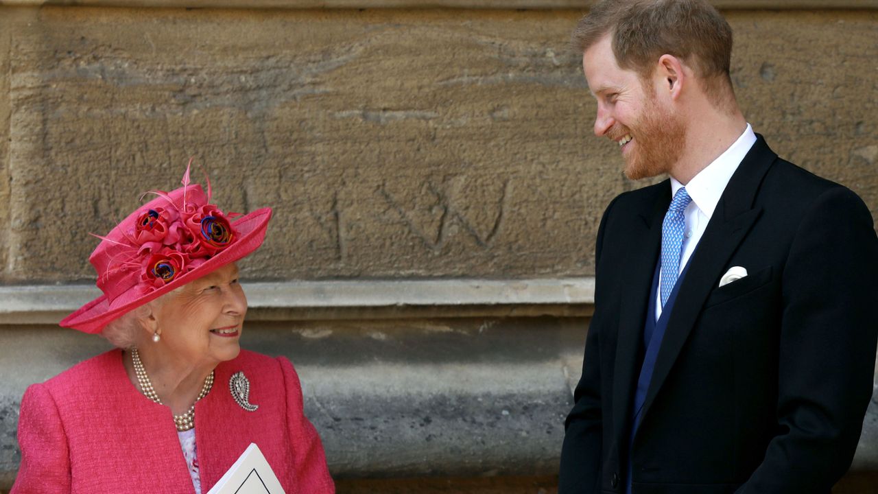 Queen Elizabeth II speaks with Prince Harry, Duke of Sussex as they leave after the wedding of Lady Gabriella Windsor to Thomas Kingston at St George&#039;s Chapel, Windsor Castle on May 18, 2019 in Windsor, England.