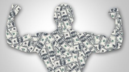 Outline of a man made of money flexing his muscles.
