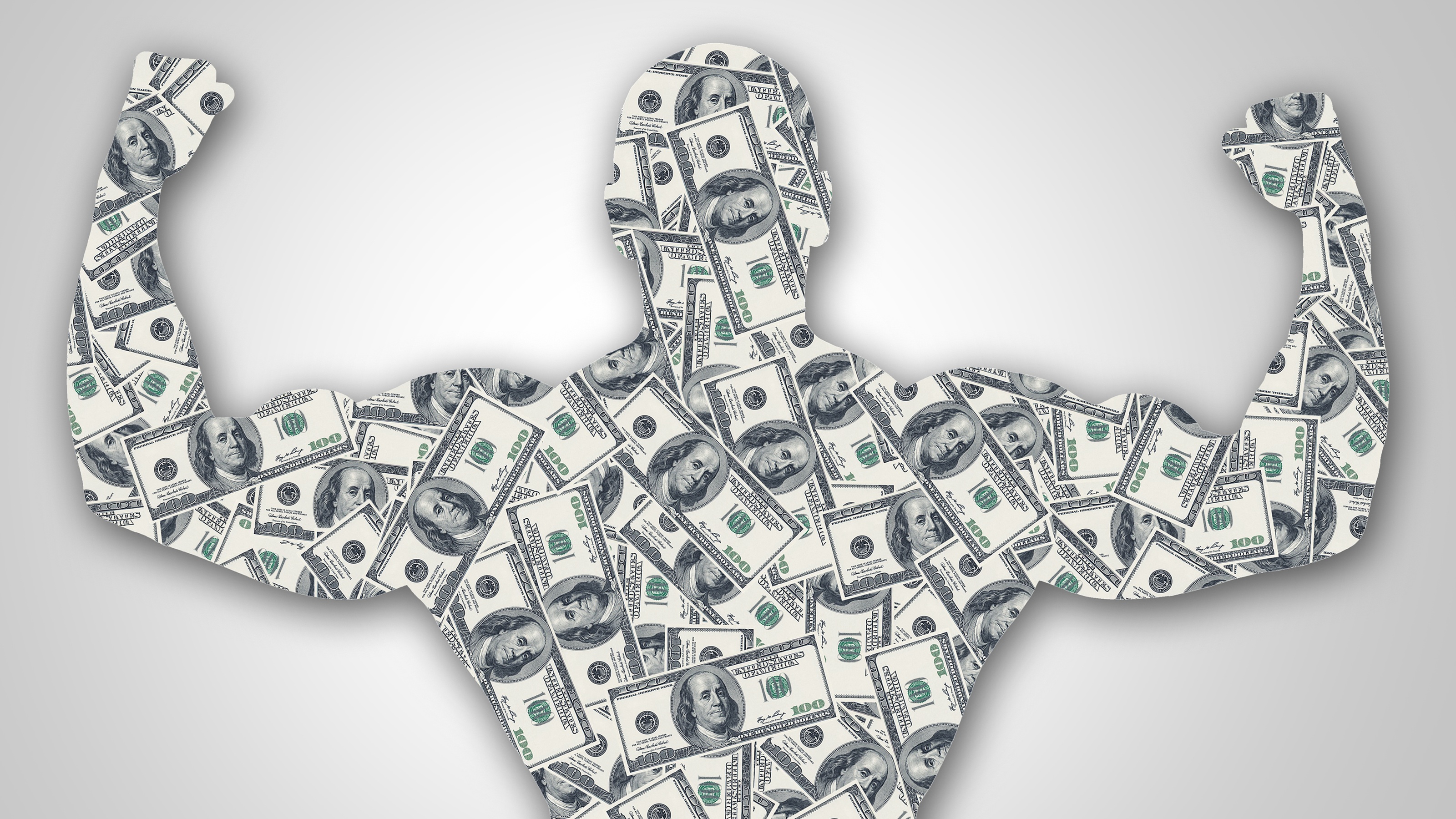 Outline of a man made of money flexing his muscles.