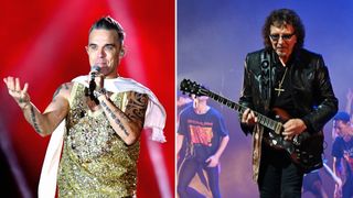 Robbie Williams [left] wears a white scarf and a gold sparkled tank top. Tony Iommi plays his SG and wears a shades, a long black leather coat and a gold cross
