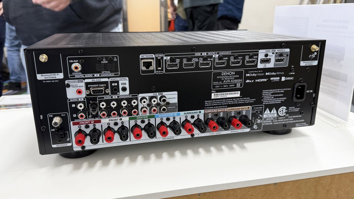 The Denon AVR-X2900H's rear panel, showing a large array of connections in and out