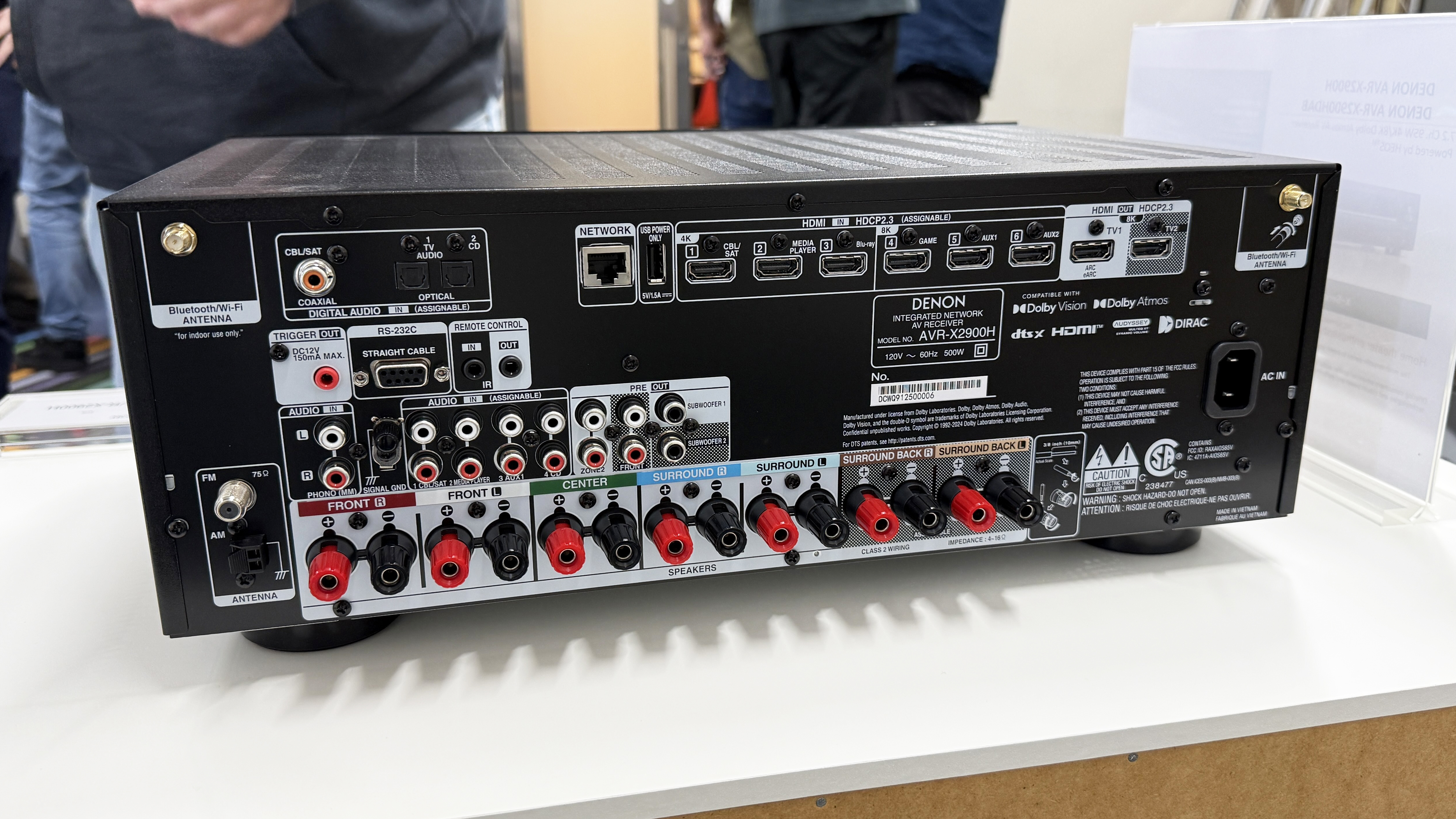 The Denon AVR-X2900H's rear panel, showing a large array of connections in and out